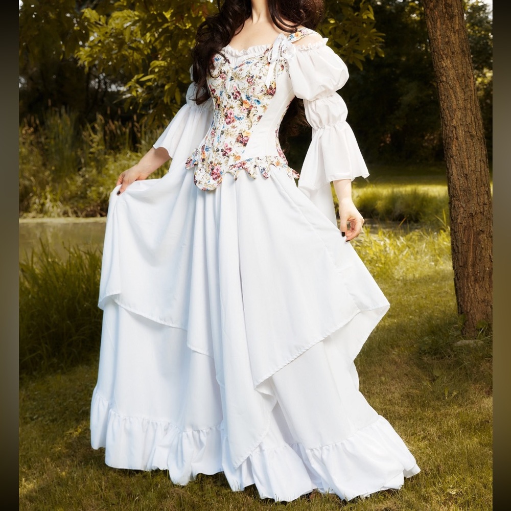 Renaissance Faire Wedding 3-piece White Floral Dress with Floral 22” Corset